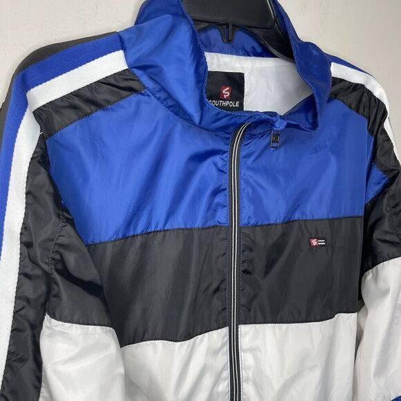 SOUTHPOLE Jacket Mens XXL Full Zip Windbreaker Y2K Blue Black White Stripe - Picture 4 of 16